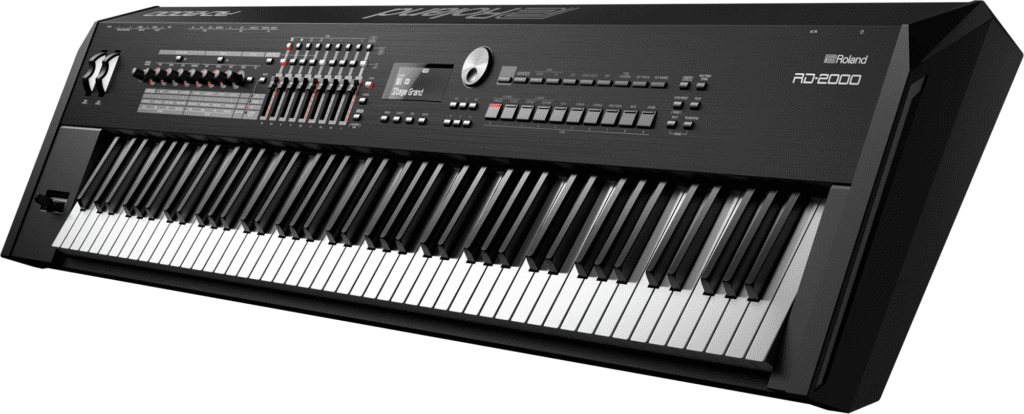 Close-up of the Roland RD-2000 with 88 keys and various control buttons