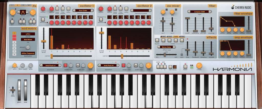 Close-up of the Cherry Audio Harmonia software synthesizer with multiple keys and control knobs