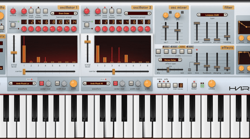 Close-up of the Cherry Audio Harmonia software synthesizer with multiple keys and control knobs