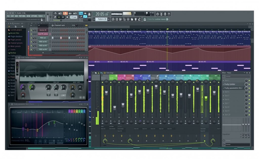 Close-up of FL Studio 2024’s mixer panel with volume faders and effects”