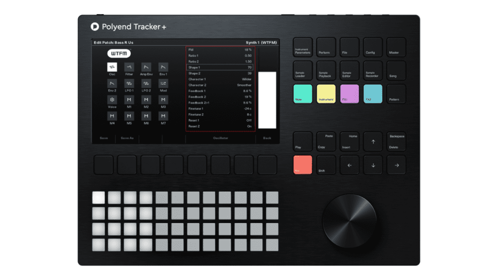 Close- up of the Polyend Tracker+ groovebox with multiple pads and control knobs