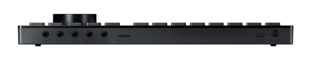 The rear view of the Polyend Tracker+ groovebox highlights its connection ports, including USB and audio outputs, ensuring seamless integration with your setup.