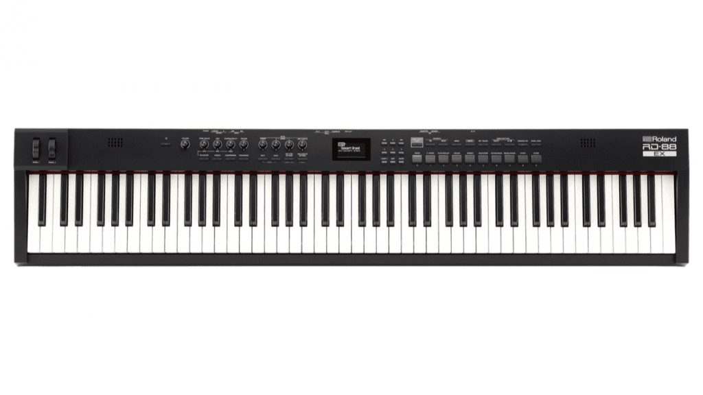 Close-up of the Roland RD-88 EX with 88 keys and various control buttons