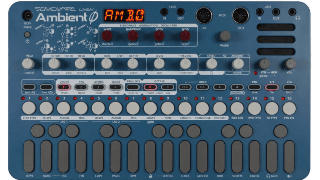 Close- up of the Sonicware LIVEN Ambient groovebox with multiple pads and control knobs
