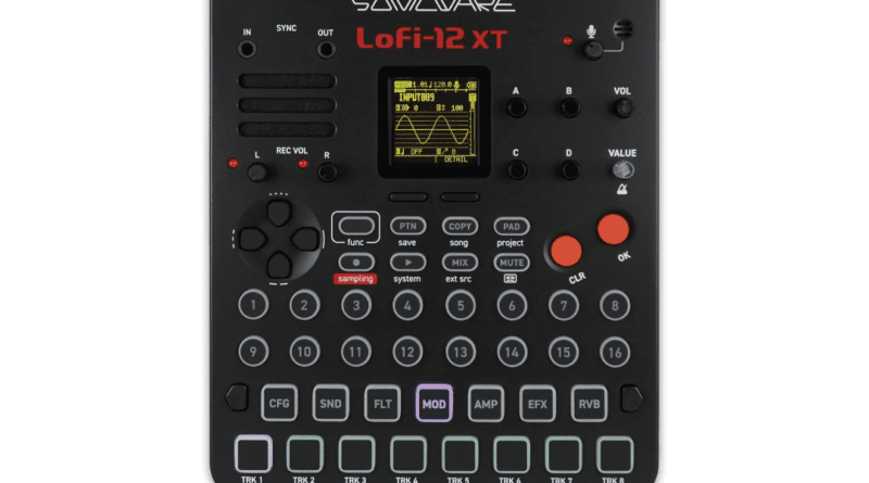 Top view of the Sonicware Lofi-12 XT sampler with multiple pads and control knobs