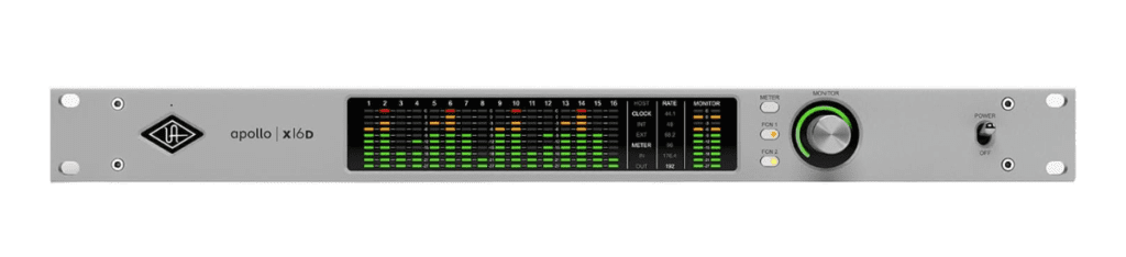Close-up of the Universal Audio Apollo x16D audio interface with multiple input and output ports