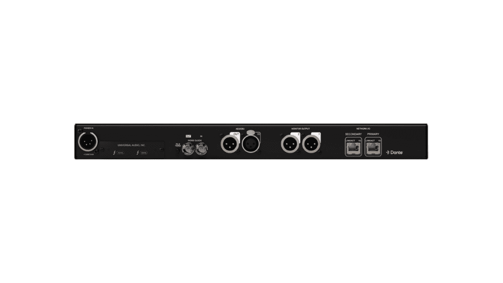Rear view of the Universal Audio Apollo x16D audio interface showing various connection ports