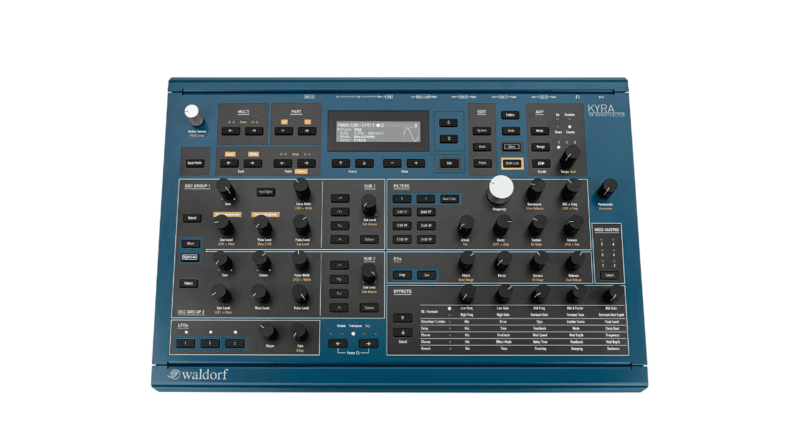 Top view of the Waldorf Kyra Seablue synthesizer’s control knobs