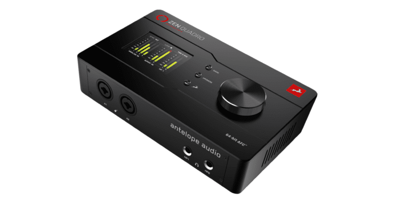Front view of the Zen Quadro audio interface highlighting its control knobs and display