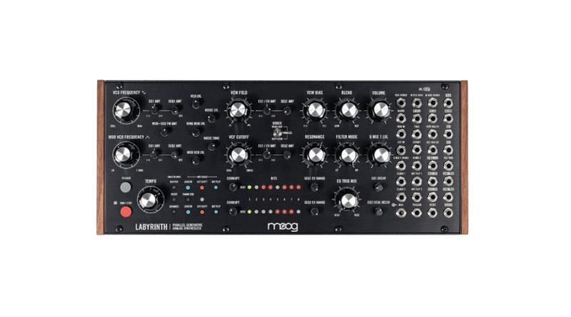 Close-up of the Moog Labyrinth synthesizer’s control knobs