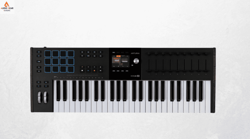 Top view of the Arturia KeyLab Mk3 MIDI controller’s keys, pads and knobs