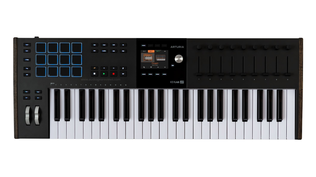 Close-up of the Arturia KeyLab Mk3 MIDI controller with keys, multiple pads and knobs