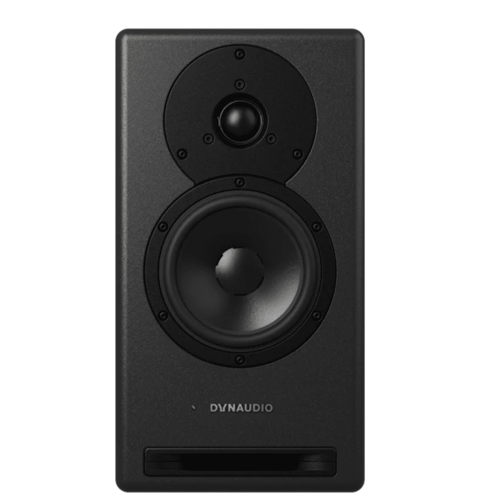 Close-up of the Dynaudio Core 5 studio monitor speaker with a sleek design”