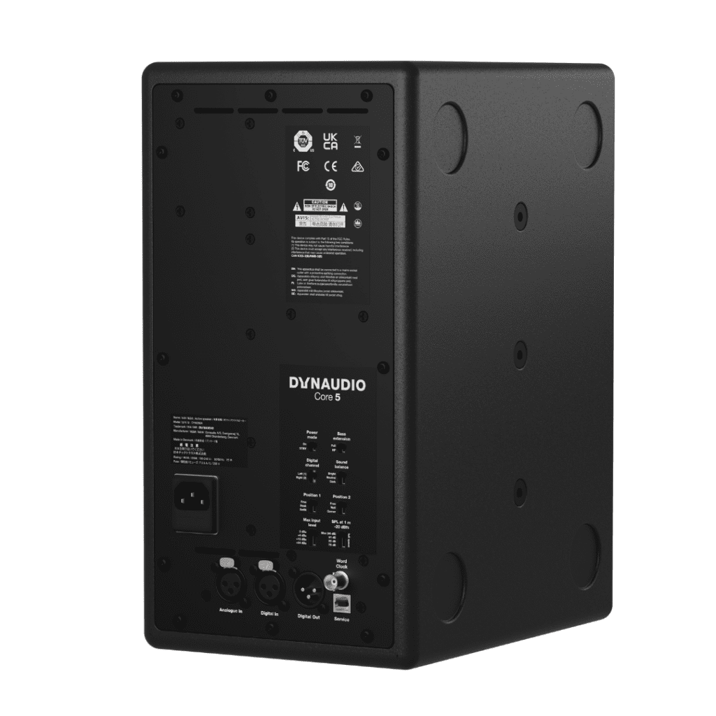 Rear view of the Dynaudio Core 5 studio monitor speaker showing connection ports and controls”