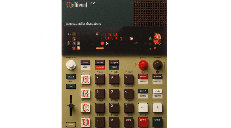 Close-up of the EP-1320 Medieval sampler’s pads and control knobs