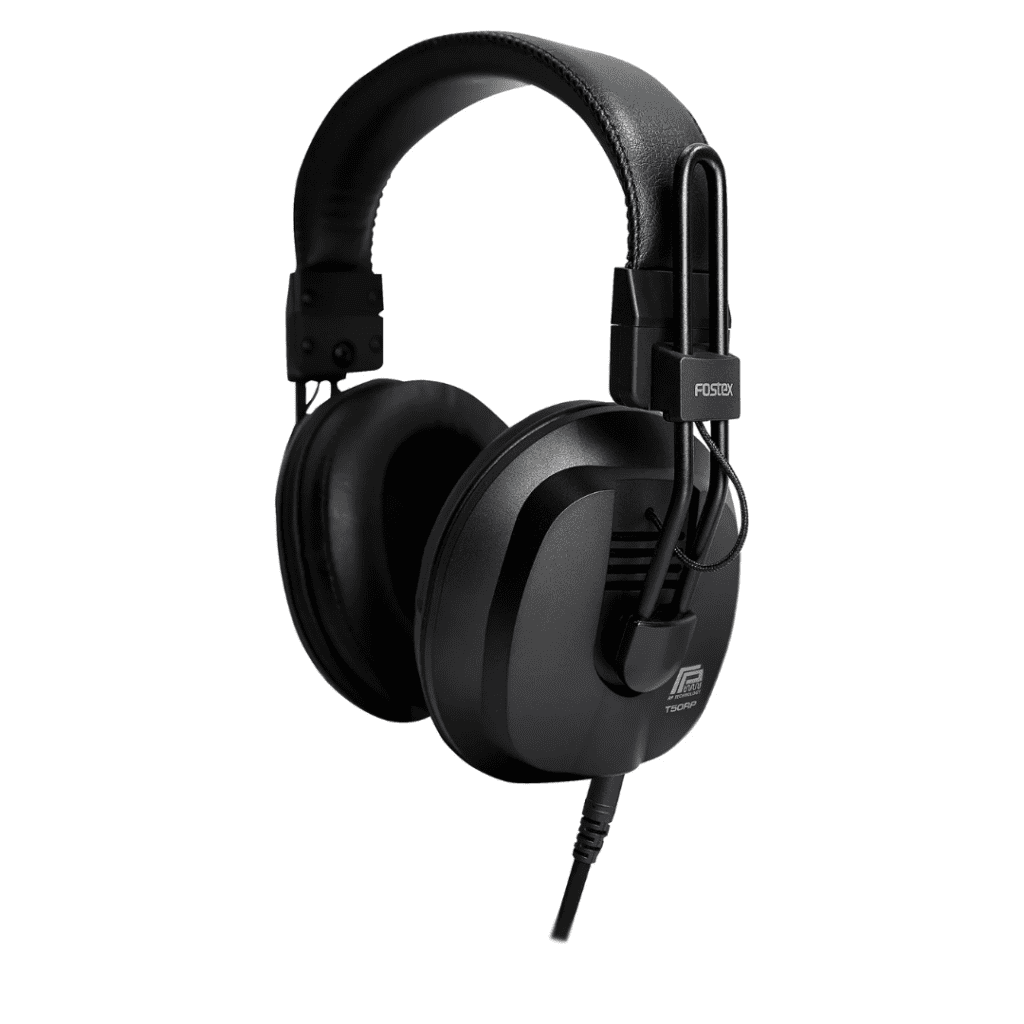 Close-up of the Fostex T50RP MK4 studio headphones with cushioned ear pads”