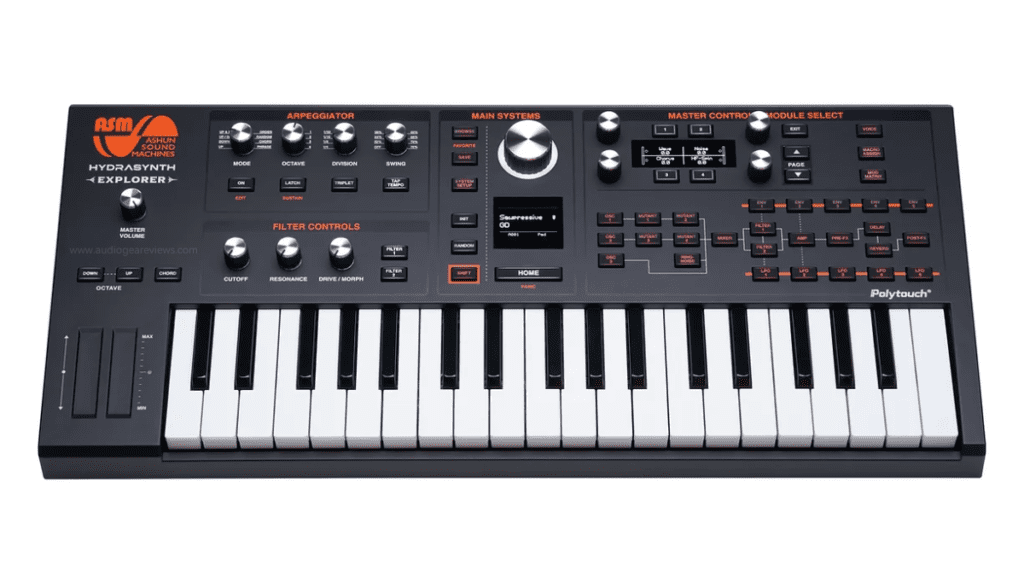 Close-up of the Hydrasynth Explorer synthesizer with multiple keys and control knobs