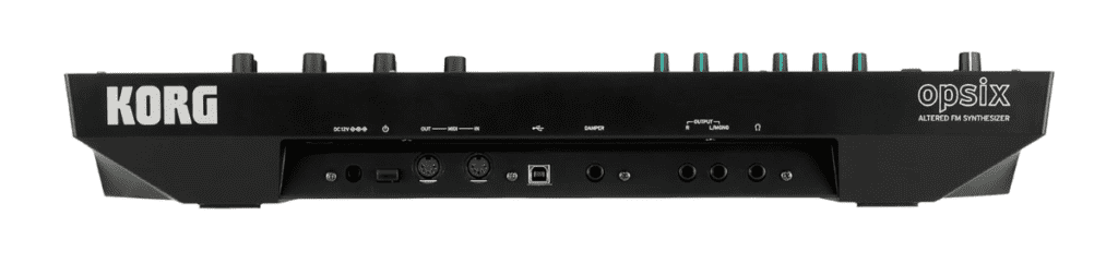 Rear view of the Korg Opsix MKII synthesizer showing connection ports