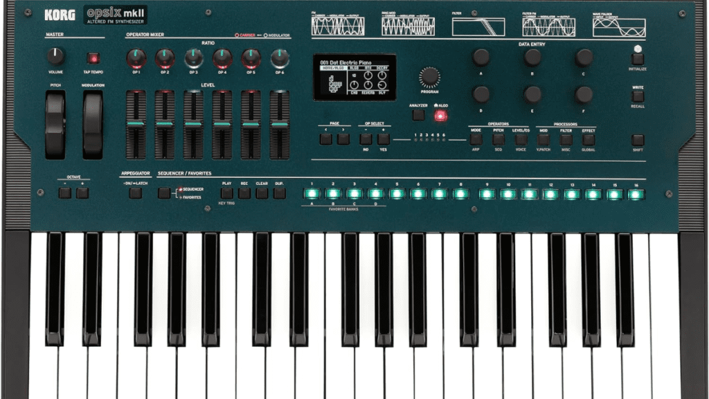 Close-up of the Korg Opsix MKII synthesizer with multiple keys and control knobs