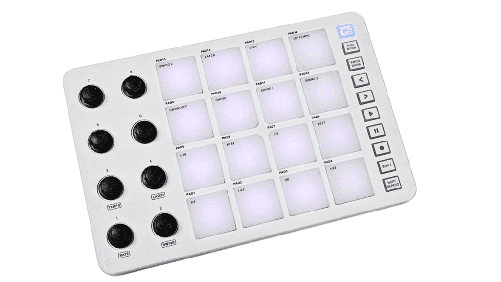 Close-up of the M-Vave Pad MIDI controller with multiple pads and knobs