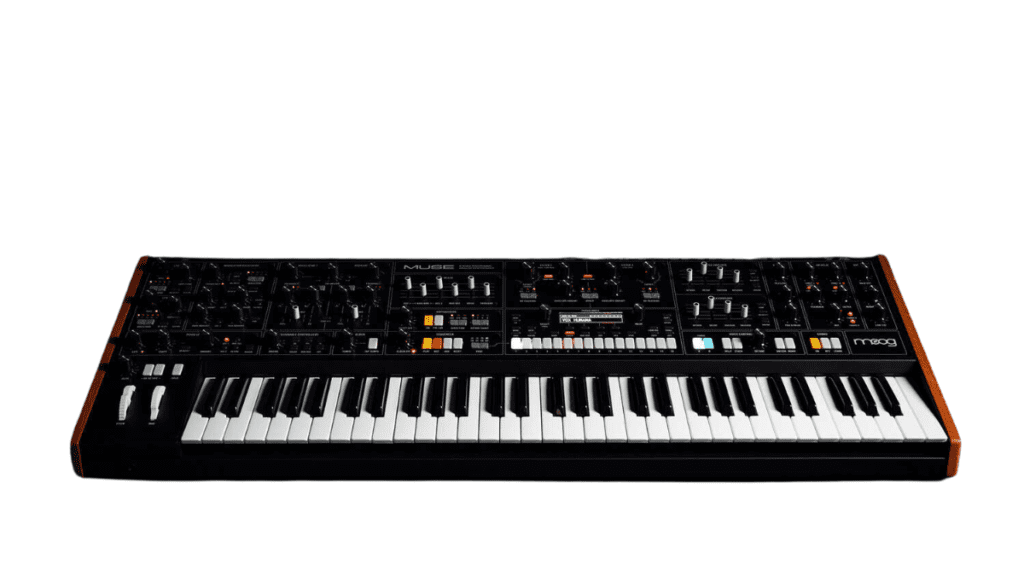 Close-up of the Moog Muse synthesizer with multiple keys and control knobs