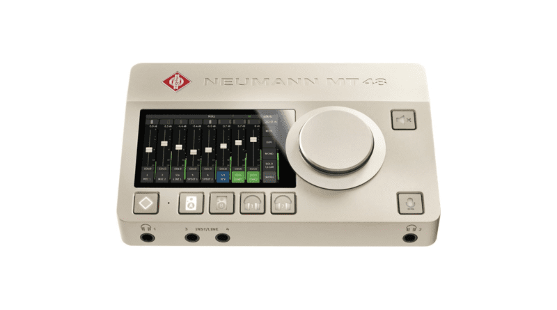 Front view of the Neumann MT48 audio interface highlighting its control knobs and display