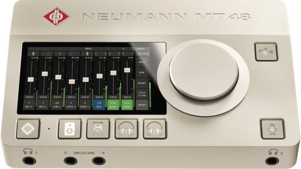 Close-up of the Neumann MT48 audio interface with multiple input and output ports