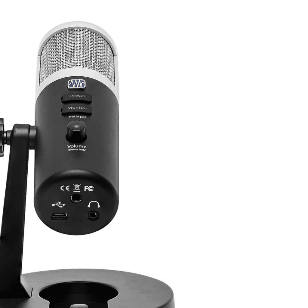 Rear view of the PreSonus Revelator USB condenser microphone showing connection ports