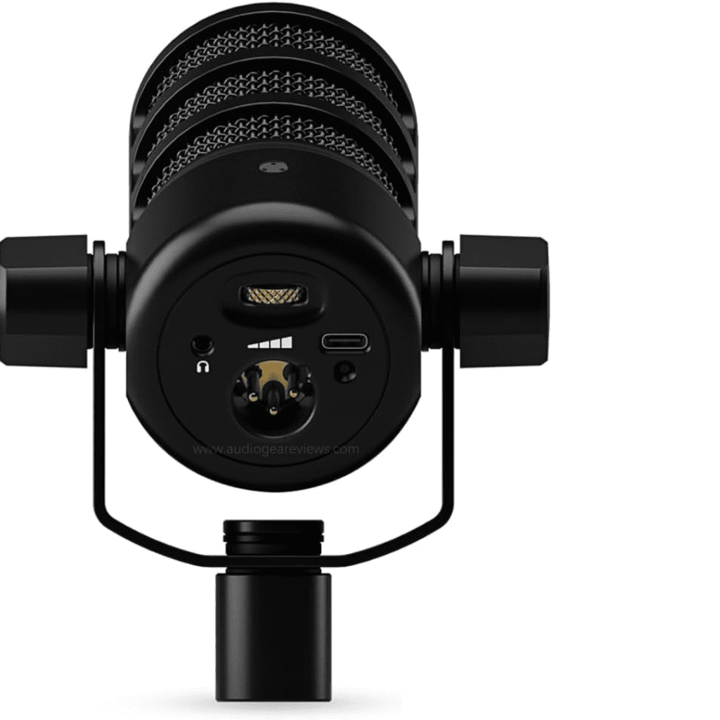 Rear view of the RØDE PodMic USB studio microphone showing connection ports