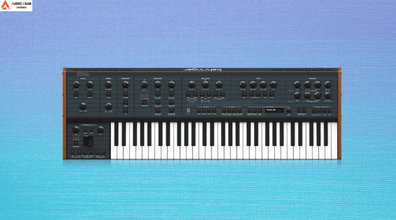 Top view of the Behringer UB-Xa synthesizer’s control knobs