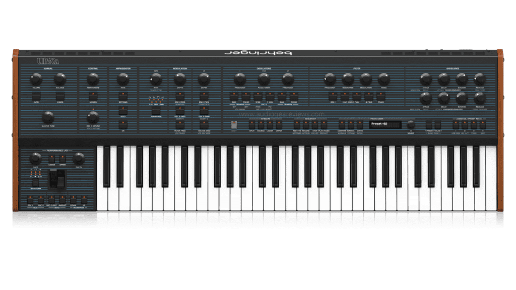 Close-up of the Behringer UB-Xa synthesizer with multiple keys and control knobs