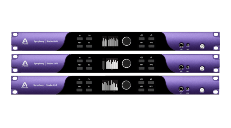 Front view of the Apogee Symphony Studio audio interface highlighting its control knobs and display