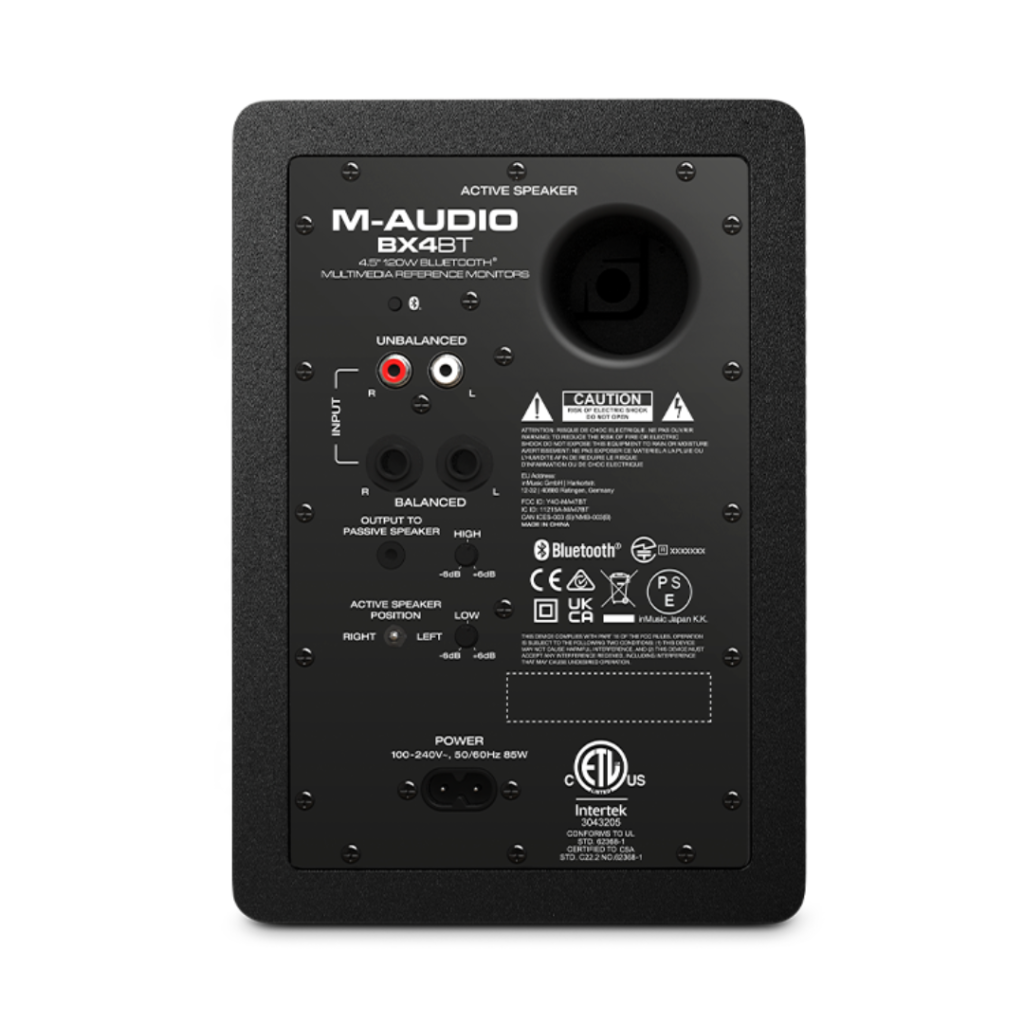 Rear view of the M-Audio BX4 BT Bluetooth studio monitor speaker showing connection ports and controls”
