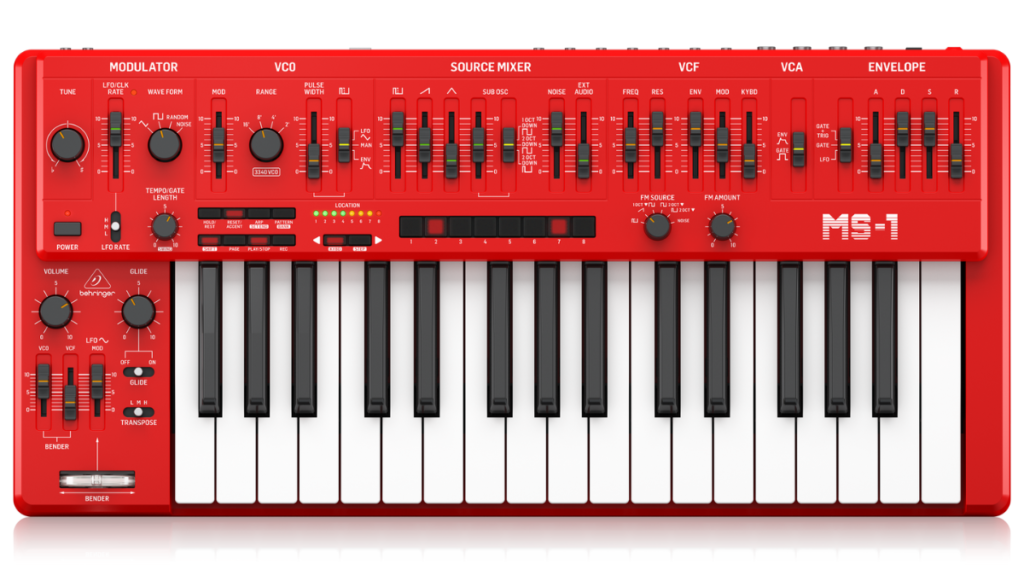 Close-up of the Behringer MS-1 MKII with multiple keys and control knobs