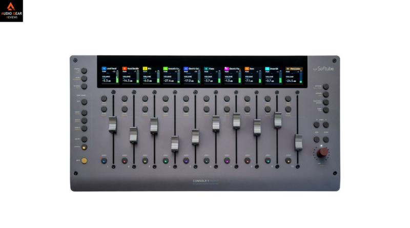 Top view of the Console 1 Fader MK3 controller’s faders and knobs