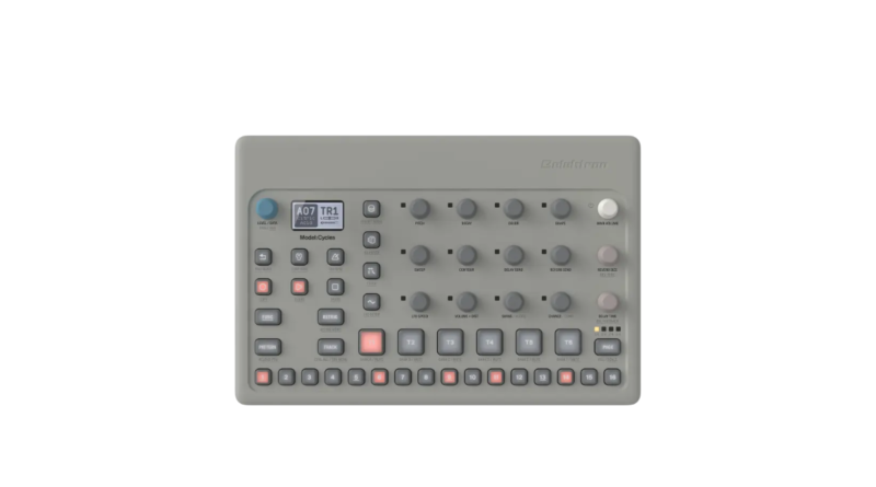 Top view of the Elektron Model:Cycles groovebox’s pads and control knobs