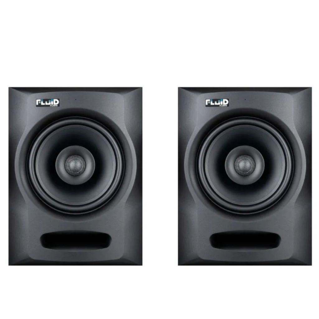 Close-up of the Fluid Audio FX80 V2 studio monitor speaker with a sleek design”