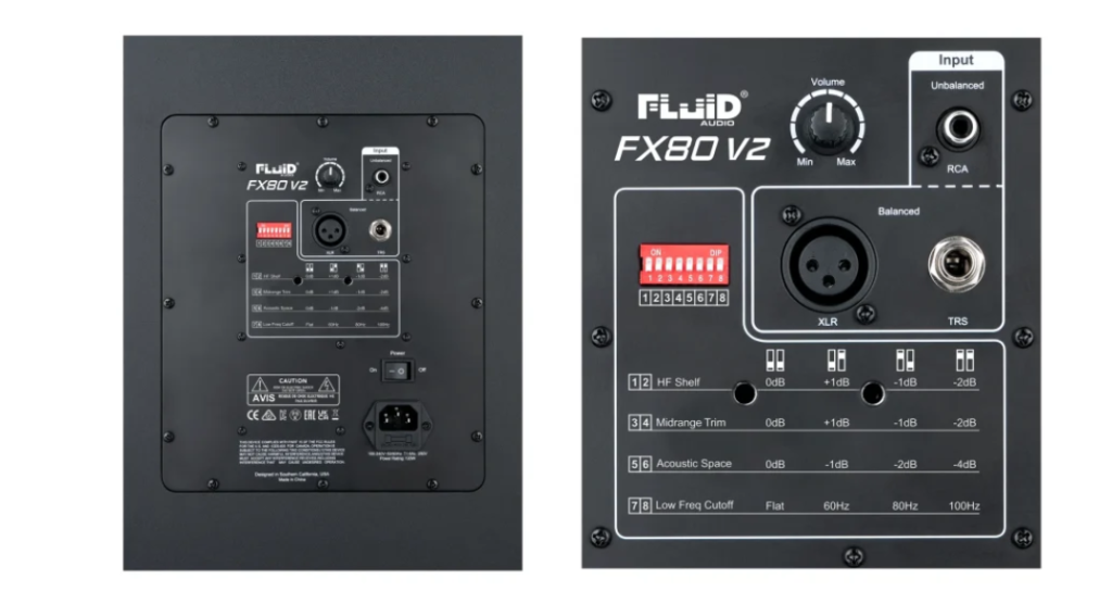 Rear view of the Fluid Audio FX80 V2 studio monitor speaker showing connection ports and controls”