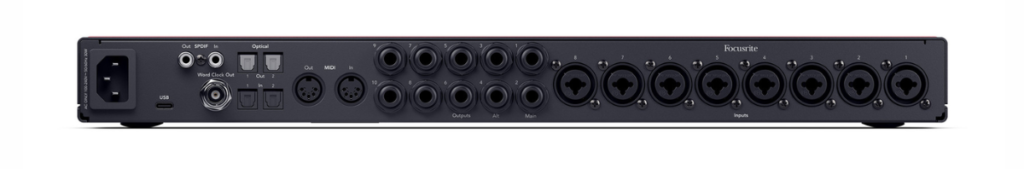 Rear view of the Focusrite Scarlett 18i20 4th Gen audio interface showing various connection ports