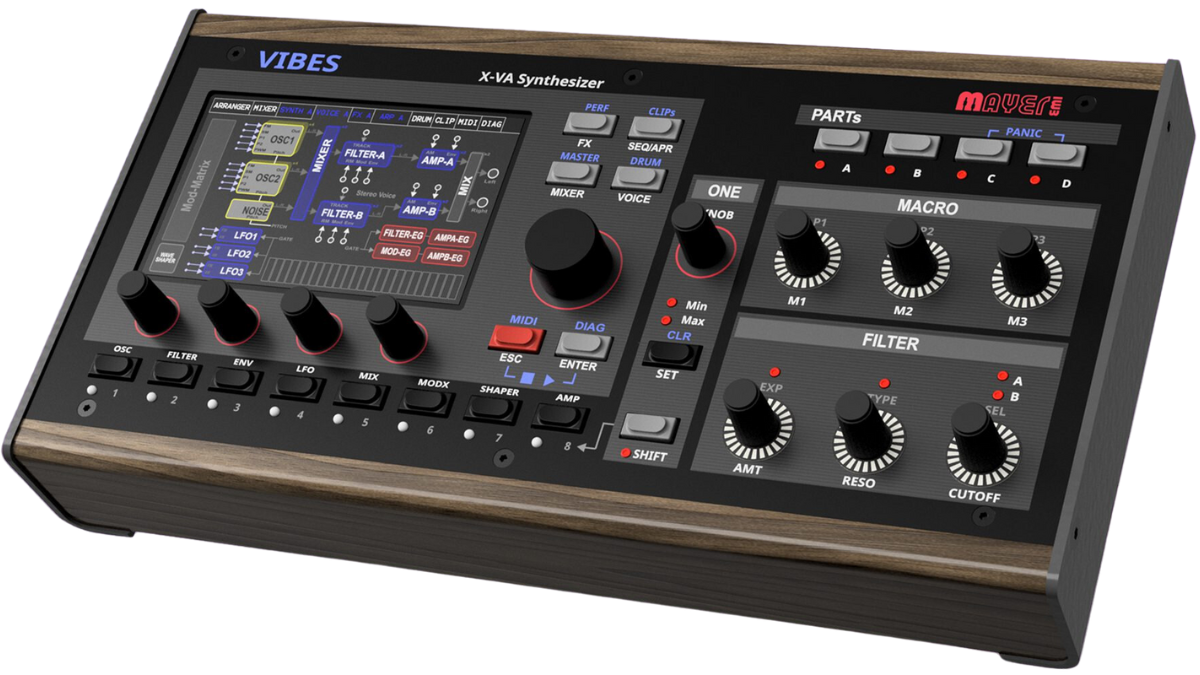 Close-up of the Mayer EMI MD850 Vibes synthesizer with multiple  control knobs
