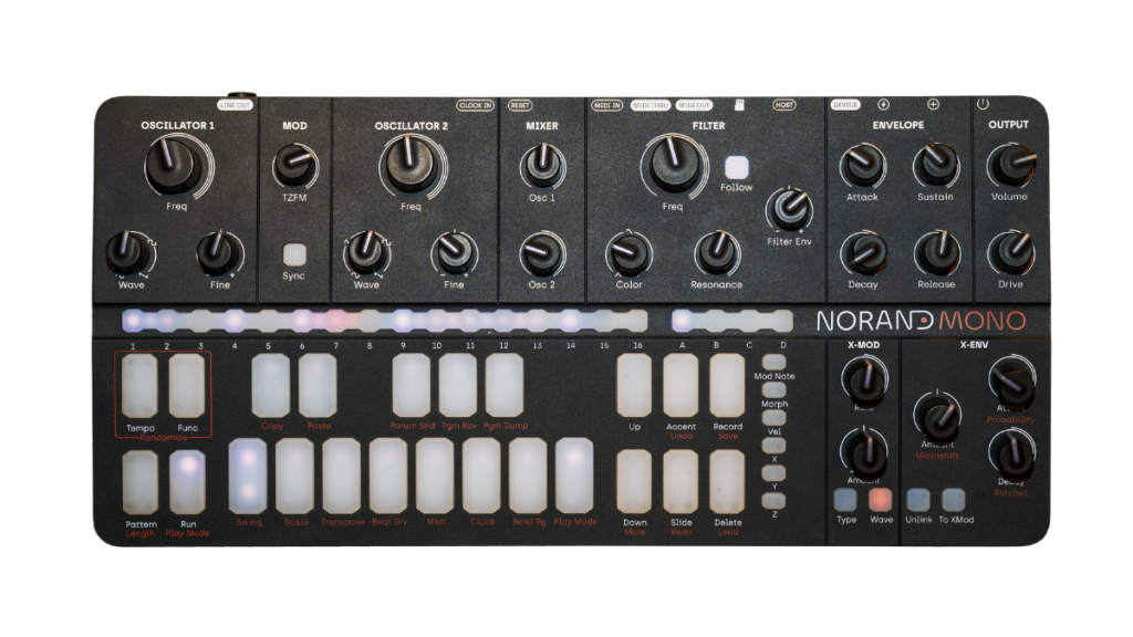 Close-up of the Norand Mono MK2 with multiple pads and control knobs