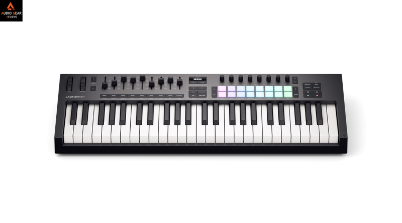 Top view of the Novation Launchkey MK4 MIDI controller’s keys, pads and knobs