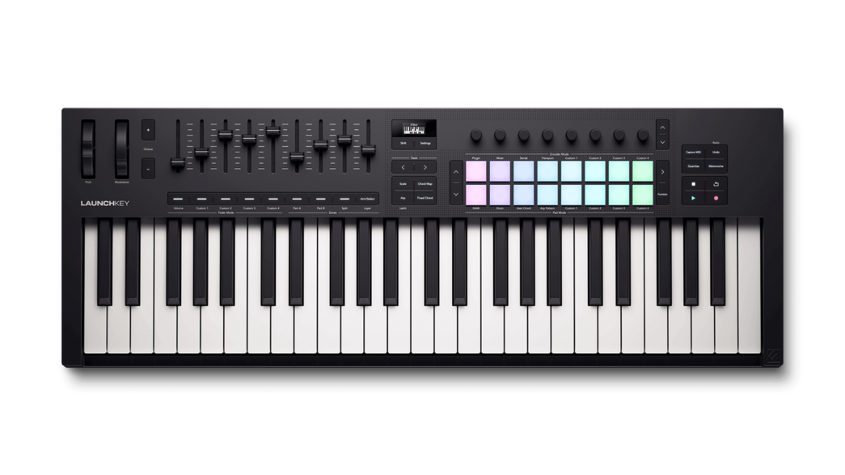 Close-up of the Novation Launchkey MK4 MIDI controller with keys, multiple pads and knobs