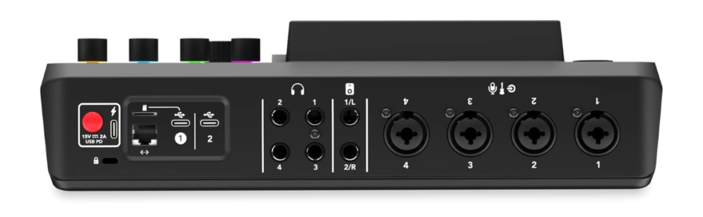 RØDECaster Pro II rear view showing various input and output ports.
