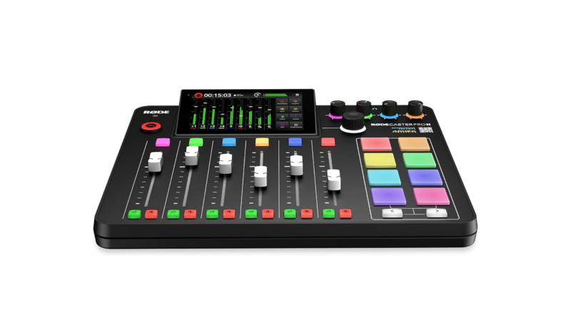 RØDECaster Pro II in use with a microphone and headphones connected.