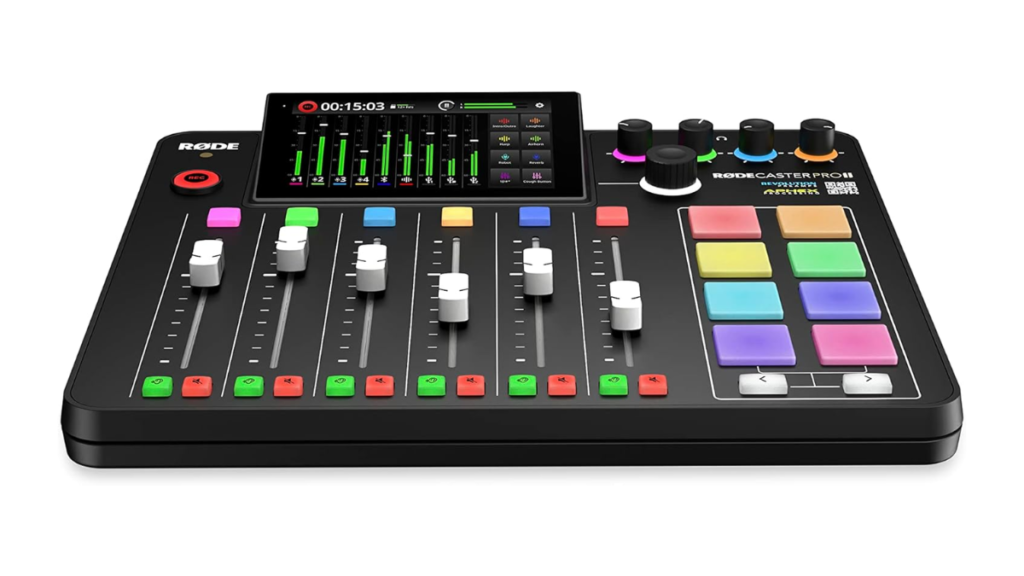 RØDECaster Pro II front view showing touchscreen and control panel.