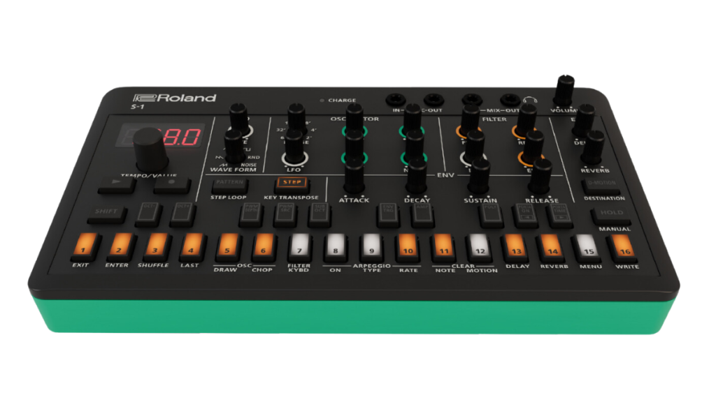 Close-up of the Roland AIRA S-1 Tweak Synth with multiple pads and control knobs