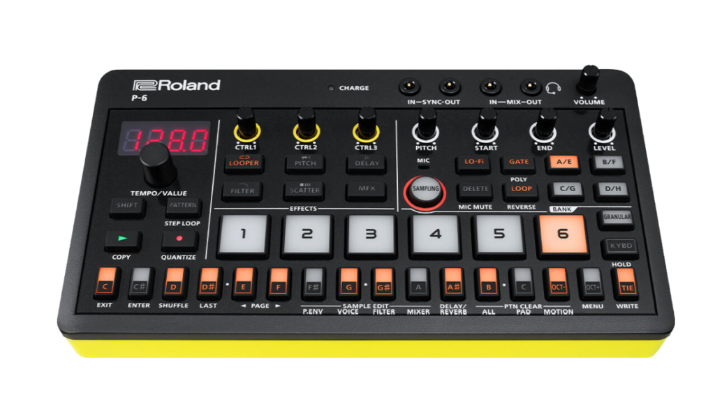 Close-up of the Roland P6 AIRA with multiple pads and control knobs