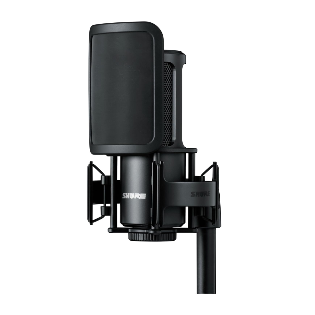 Rear view of the Shure SM4 studio microphone with shock mount and plop filter