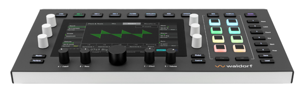 Close-up of the Waldorf Iridium Core with multiple pads and control knobs